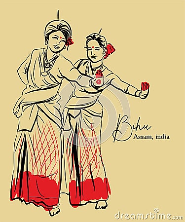 Indian folk dance from the Indian state of Assam sketch or vector illustration Vector Illustration
